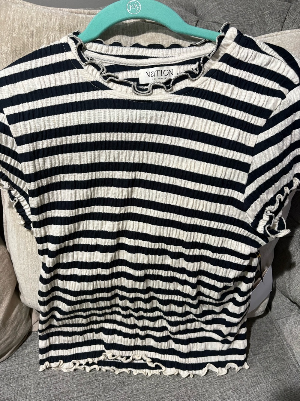 Nation LTD Striped Ruffle-Trim Short Sleeve Tee in Black & White
